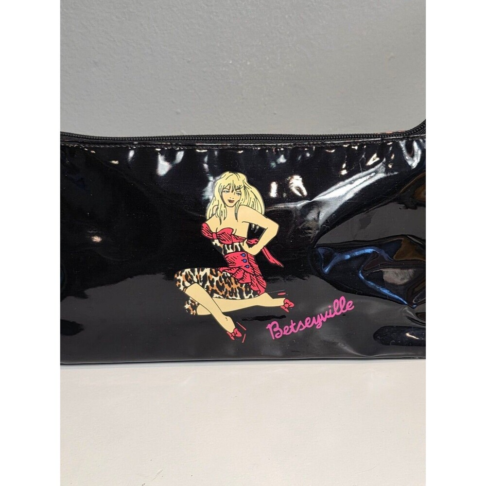 Betsey Johnson Black Vinyl Cosmetic Bag Pinup Leopard Print Glam Coquette Punk